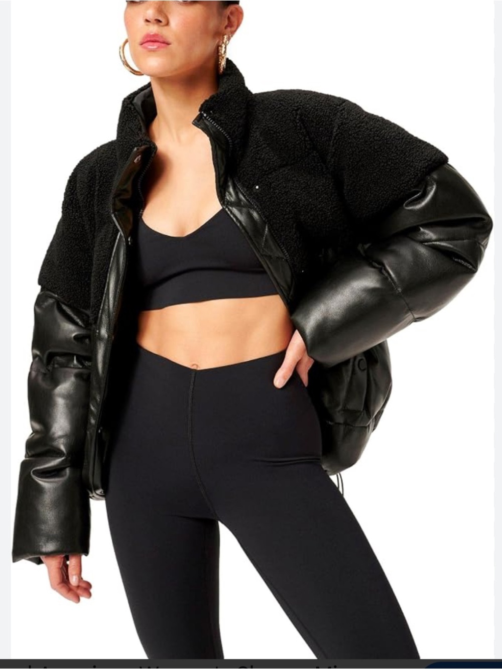 Good American Sherpa Mix Faux Leather Cocoon Puffer Jacket